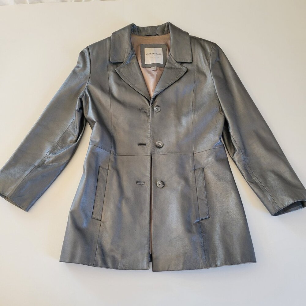 Vtg Andrew Marc New York Genuine Leather Silver Jacket Coat Womens Size 6